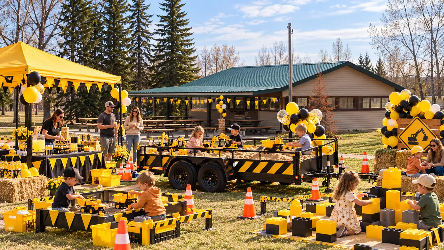 Whimsical concept image of a hosted construction birthday with a sand trailer, yellow canopy and activity stations at Charles Butler Park